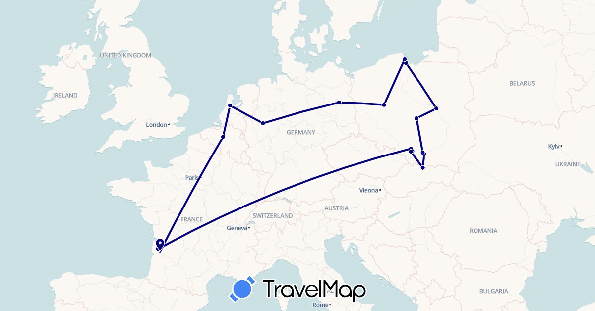TravelMap itinerary: driving in Belgium, Germany, France, Netherlands, Poland (Europe)